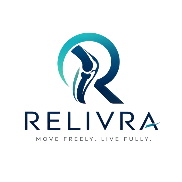 A logo-style graphic on a white background featuring a stylized letter R with a knee illustration in teal and dark blue, above the word RELIVRA and the tagline MOVE FREELY. LIVE FULLY.